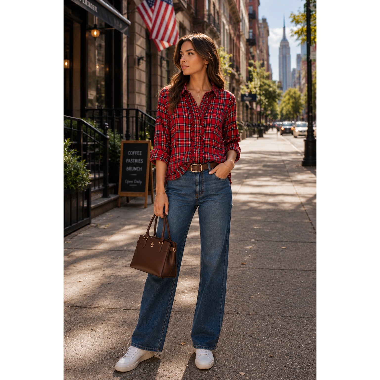 Tommy Hilfiger Womens New Button Shirt Red Plaid Ruffle Medium Top Check Navy